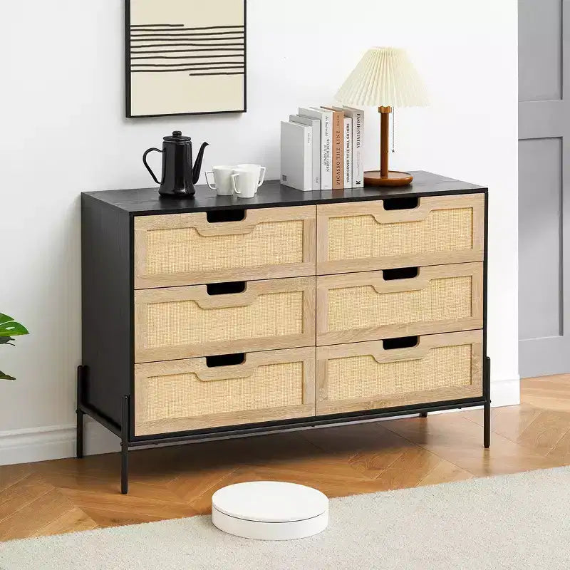 Comò ampio e grande a 6 cassetti, robusta cassettiera in stile rustico con gambe in metallo per armadio, soggiorno, camera da letto,
