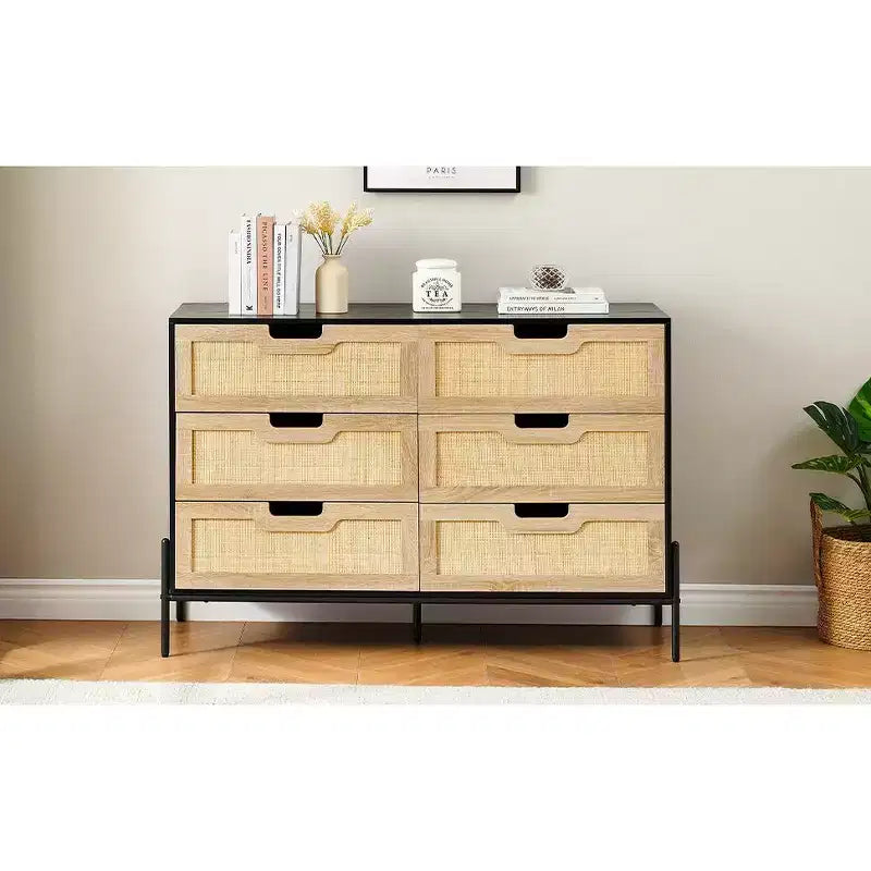Comò ampio e grande a 6 cassetti, robusta cassettiera in stile rustico con gambe in metallo per armadio, soggiorno, camera da letto,