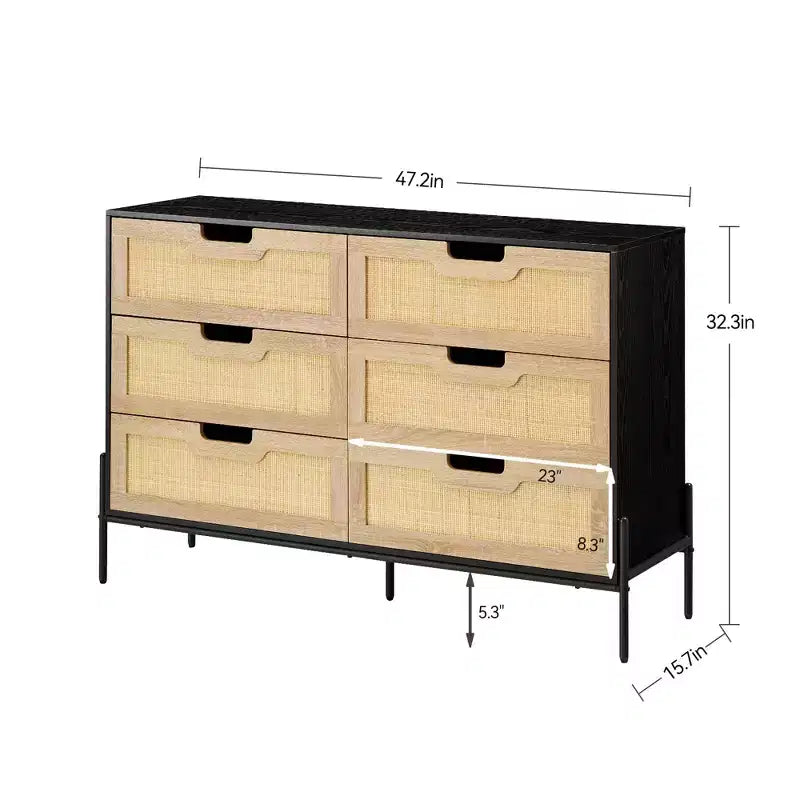 Comò ampio e grande a 6 cassetti, robusta cassettiera in stile rustico con gambe in metallo per armadio, soggiorno, camera da letto,