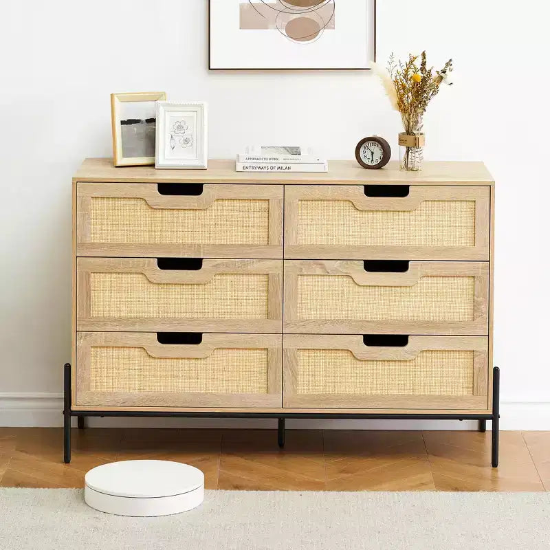 Comò ampio e grande a 6 cassetti, robusta cassettiera in stile rustico con gambe in metallo per armadio, soggiorno, camera da letto,