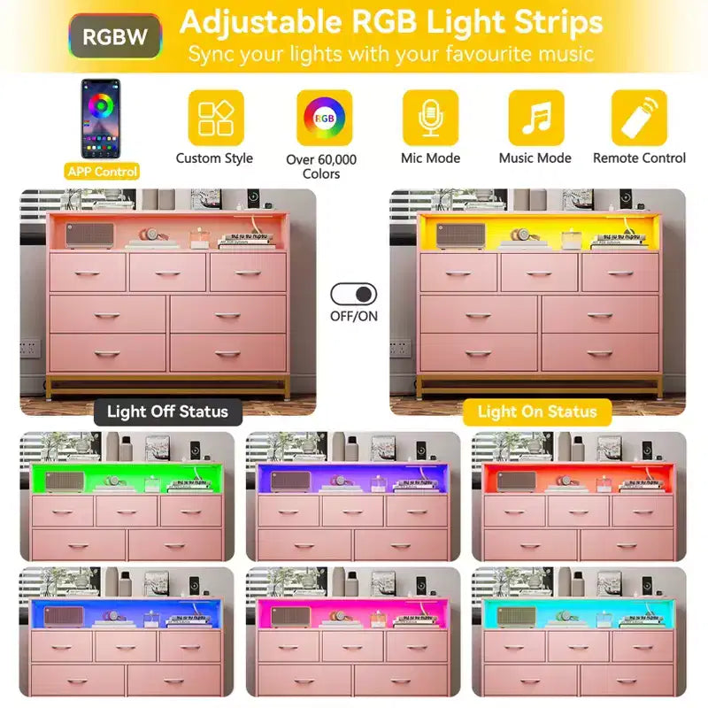Cassettiera a 7 cassetti per camera da letto, con luci LED e stazione di ricarica, comò lungo in legno, grande capacità di archiviazione per soggiorno