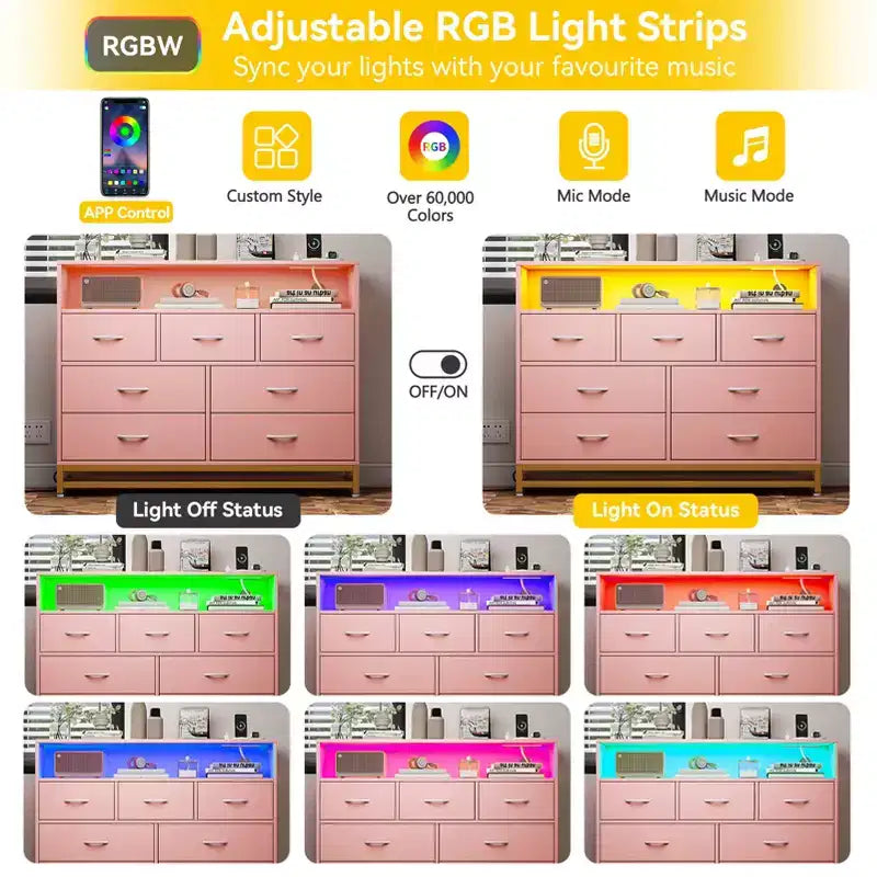 Cassettiera a 7 cassetti per camera da letto, con luci LED e stazione di ricarica, comò lungo in legno, grande capacità di archiviazione per soggiorno