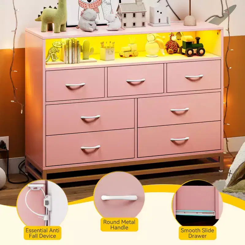 Cassettiera a 7 cassetti per camera da letto, con luci LED e stazione di ricarica, comò lungo in legno, grande capacità di archiviazione per soggiorno