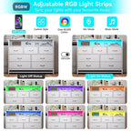 Cassettiera a 7 cassetti per camera da letto, con luci LED e stazione di ricarica, comò lungo in legno, grande capacità di archiviazione per soggiorno