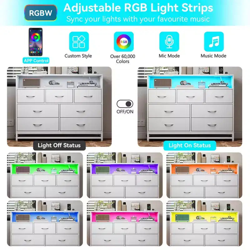Cassettiera a 7 cassetti per camera da letto, con luci LED e stazione di ricarica, comò lungo in legno, grande capacità di archiviazione per soggiorno