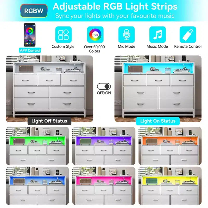Cassettiera a 7 cassetti per camera da letto, con luci LED e stazione di ricarica, comò lungo in legno, grande capacità di archiviazione per soggiorno