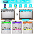 Cassettiera a 7 cassetti per camera da letto, con luci LED e stazione di ricarica, comò lungo in legno, grande capacità di archiviazione per soggiorno