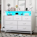 Cassettiera a 7 cassetti per camera da letto, con luci LED e stazione di ricarica, comò lungo in legno, grande capacità di archiviazione per soggiorno