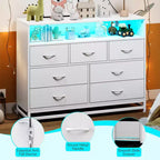 Cassettiera a 7 cassetti per camera da letto, con luci LED e stazione di ricarica, comò lungo in legno, grande capacità di archiviazione per soggiorno
