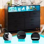 Cassettiera a 7 cassetti per camera da letto, con luci LED e stazione di ricarica, comò lungo in legno, grande capacità di archiviazione per soggiorno