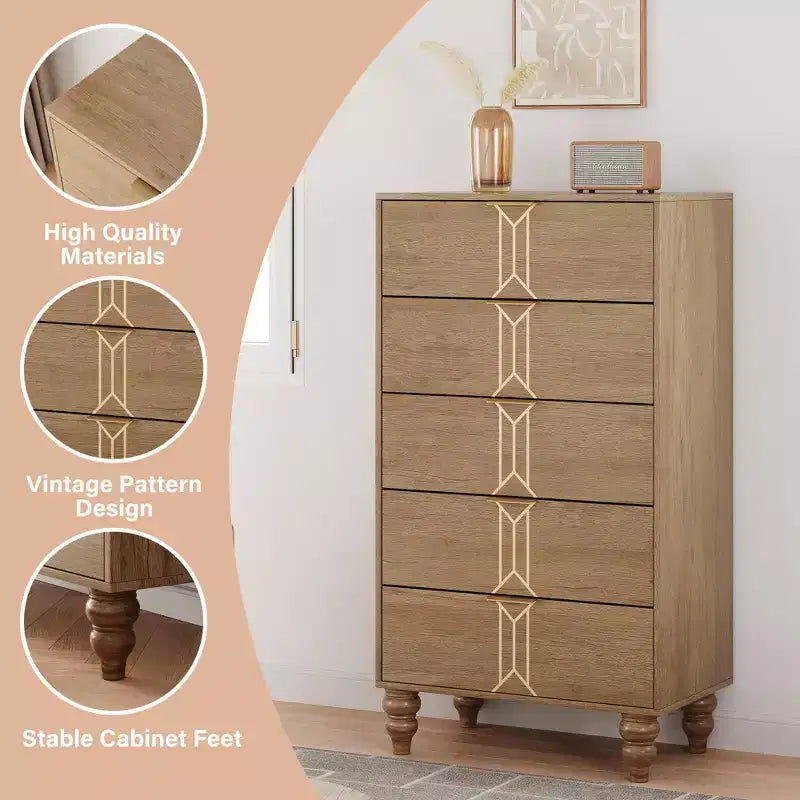 Cassettiera da camera da letto con 5 cassetti, moderna cassettiera alta con cassetti profondi per la camera da letto