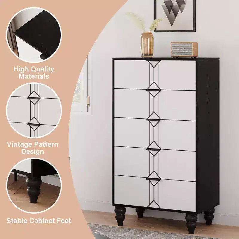 Cassettiera da camera da letto con 5 cassetti, moderna cassettiera alta con cassetti profondi per la camera da letto