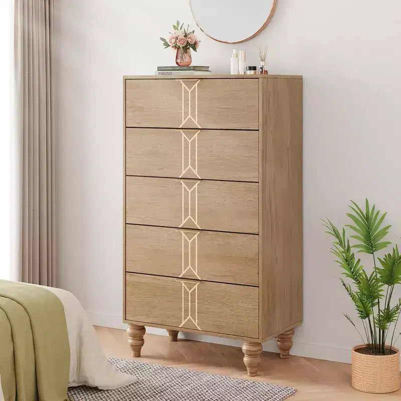 Cassettiera da camera da letto con 5 cassetti, moderna cassettiera alta con cassetti profondi per la camera da letto