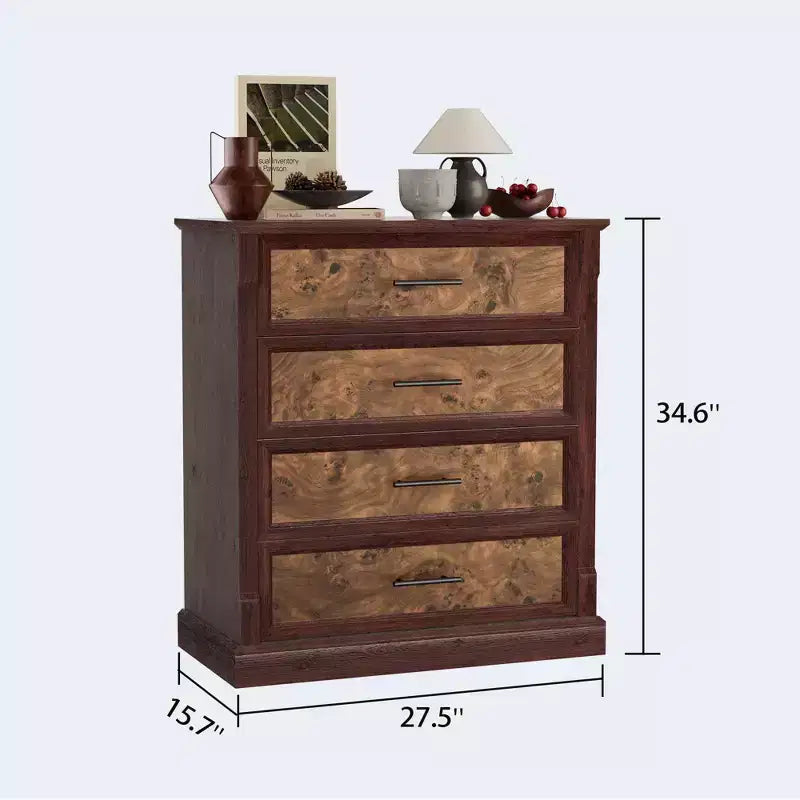 Cassettiera a 4 cassetti per camera da letto, armadio alto in stile rustico con maniglie in metallo, guardaroba rustico in legno per soggiorno, corridoio