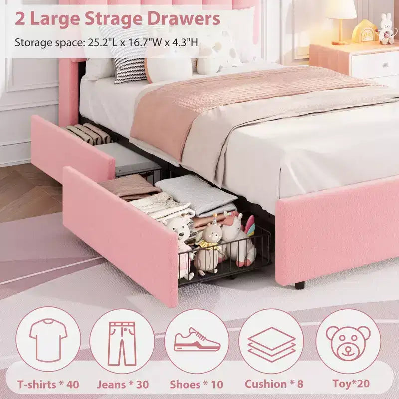 COZONY Letto Imbottito con Testiera Contenitore, Letto a Piattaforma con Cassetti e Libreria, Nessuna Rete a Molle Necessaria