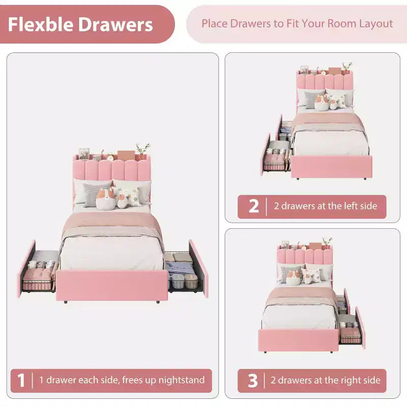 COZONY Letto Imbottito con Testiera Contenitore, Letto a Piattaforma con Cassetti e Libreria, Nessuna Rete a Molle Necessaria