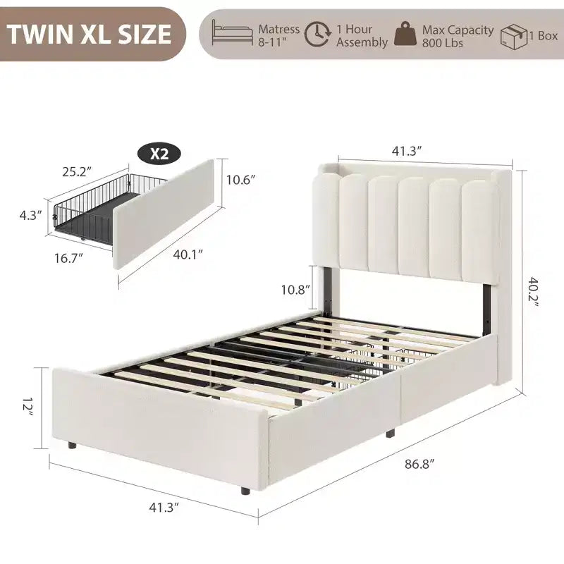 COZONY Letto Imbottito con Testiera Contenitore, Letto a Piattaforma con Cassetti e Libreria, Nessuna Rete a Molle Necessaria