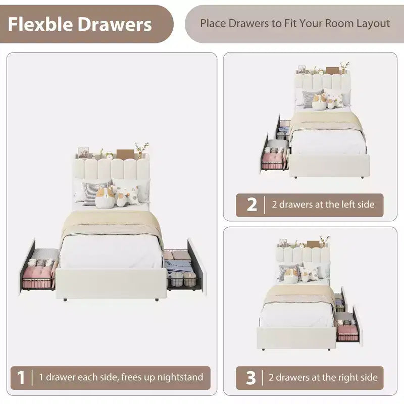 COZONY Letto Imbottito con Testiera Contenitore, Letto a Piattaforma con Cassetti e Libreria, Nessuna Rete a Molle Necessaria