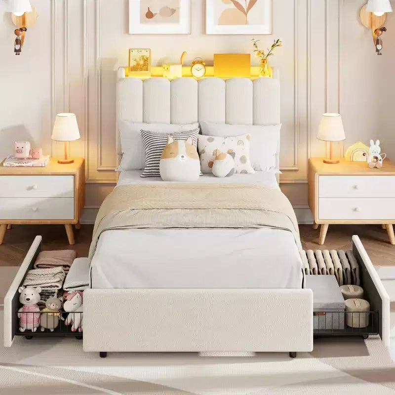 COZONY Letto Imbottito con Testiera Contenitore, Letto a Piattaforma con Cassetti e Libreria, Nessuna Rete a Molle Necessaria
