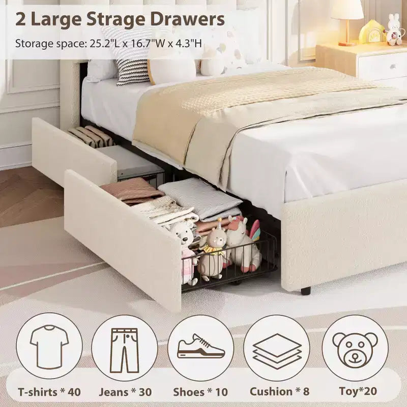 COZONY Letto Imbottito con Testiera Contenitore, Letto a Piattaforma con Cassetti e Libreria, Nessuna Rete a Molle Necessaria