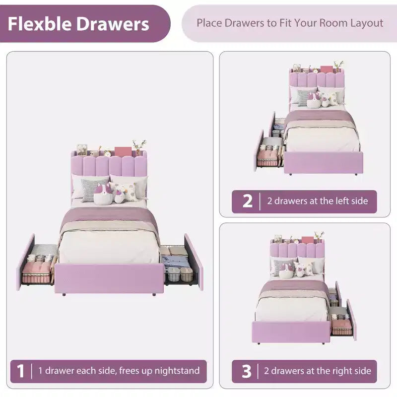 COZONY Letto Imbottito con Testiera Contenitore, Letto a Piattaforma con Cassetti e Libreria, Nessuna Rete a Molle Necessaria