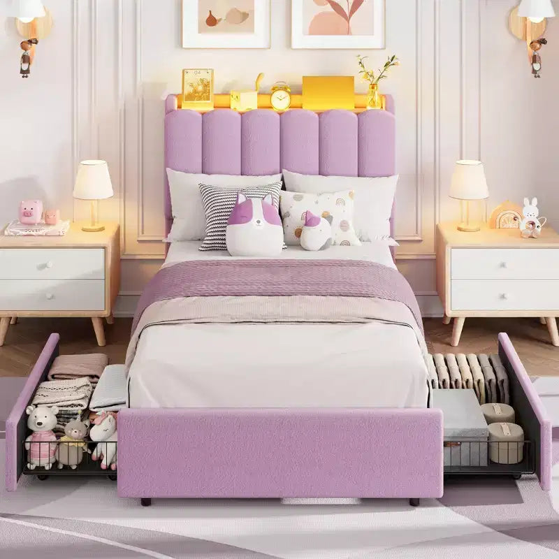 COZONY Letto Imbottito con Testiera Contenitore, Letto a Piattaforma con Cassetti e Libreria, Nessuna Rete a Molle Necessaria