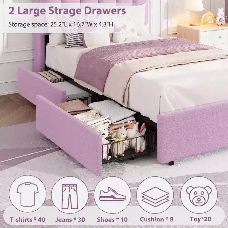 COZONY Letto Imbottito con Testiera Contenitore, Letto a Piattaforma con Cassetti e Libreria, Nessuna Rete a Molle Necessaria
