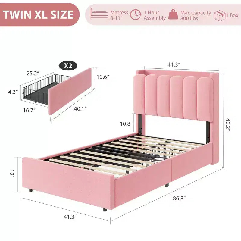 COZONY Letto Imbottito con Testiera Contenitore, Letto a Piattaforma con Cassetti e Libreria, Nessuna Rete a Molle Necessaria