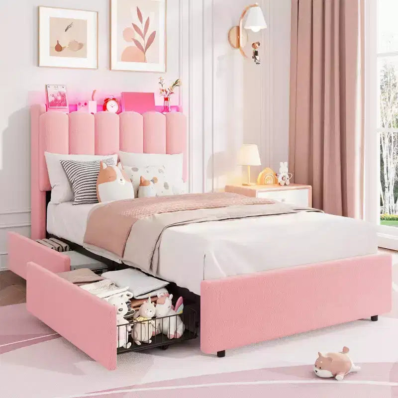 COZONY Letto Imbottito con Testiera Contenitore, Letto a Piattaforma con Cassetti e Libreria, Nessuna Rete a Molle Necessaria