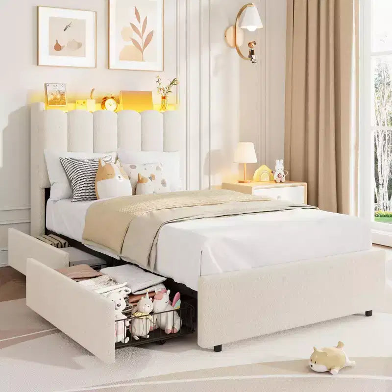 COZONY Letto Imbottito con Testiera Contenitore, Letto a Piattaforma con Cassetti e Libreria, Nessuna Rete a Molle Necessaria