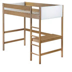 Letto a soppalco singolo con scrivania integrata, testiera/pediera imbottita in bouclé, struttura in legno di gomma, naturale - ModernLuxe