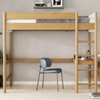 Letto a soppalco singolo con scrivania integrata, testiera/pediera imbottita in bouclé, struttura in legno di gomma, naturale - ModernLuxe