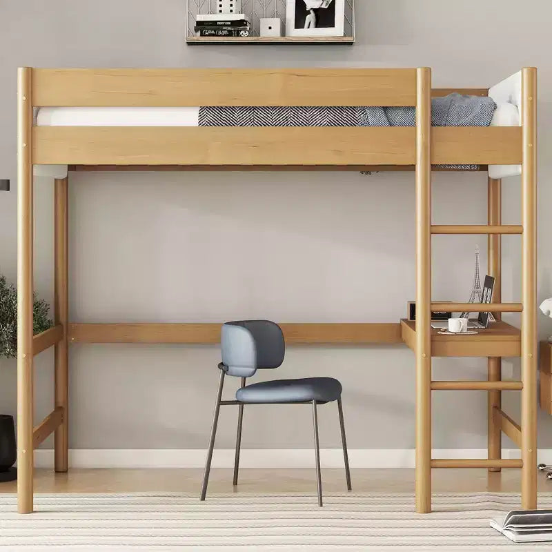Letto a soppalco singolo con scrivania integrata, testiera/pediera imbottita in bouclé, struttura in legno di gomma, naturale - ModernLuxe