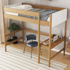 Letto a soppalco singolo con scrivania integrata, testiera/pediera imbottita in bouclé, struttura in legno di gomma, naturale - ModernLuxe