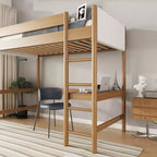 Letto a soppalco singolo con scrivania integrata, testiera/pediera imbottita in bouclé, struttura in legno di gomma, naturale - ModernLuxe