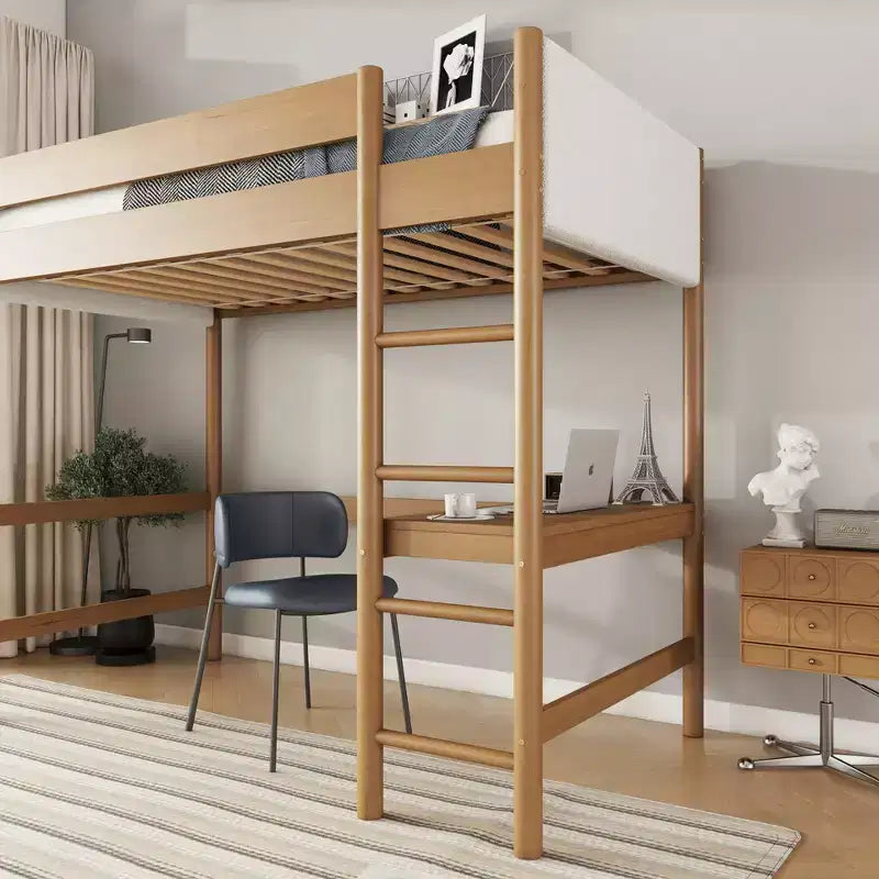 Letto a soppalco singolo con scrivania integrata, testiera/pediera imbottita in bouclé, struttura in legno di gomma, naturale - ModernLuxe
