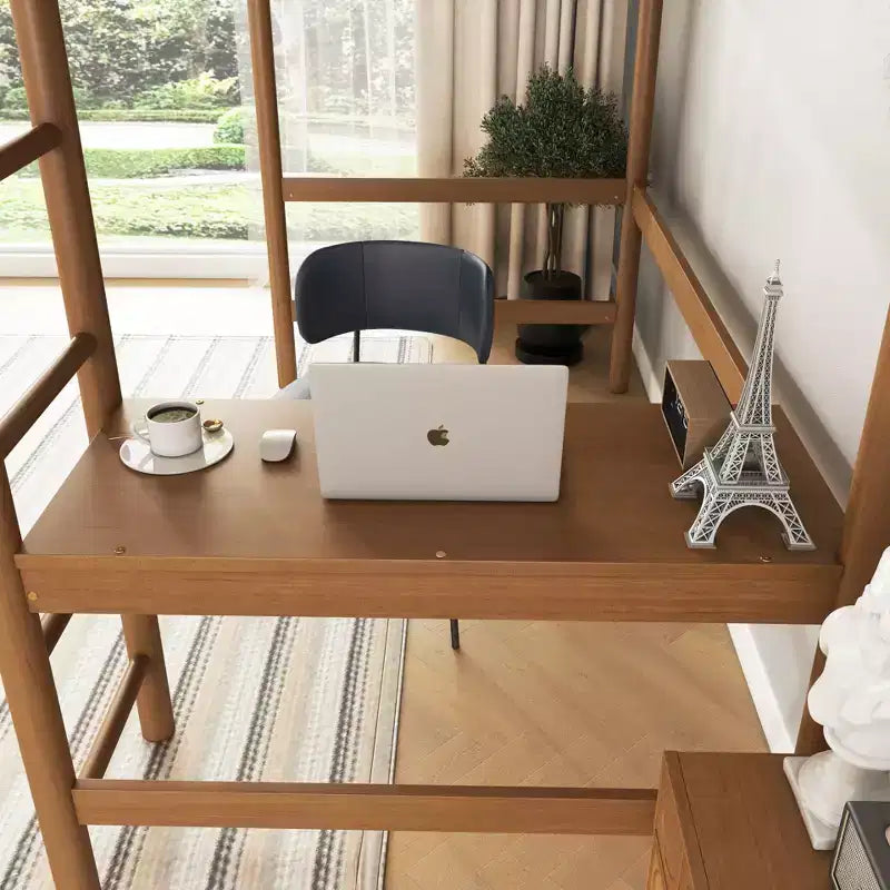 Letto a soppalco singolo con scrivania integrata, testiera/pediera imbottita in bouclé, struttura in legno di gomma, naturale - ModernLuxe
