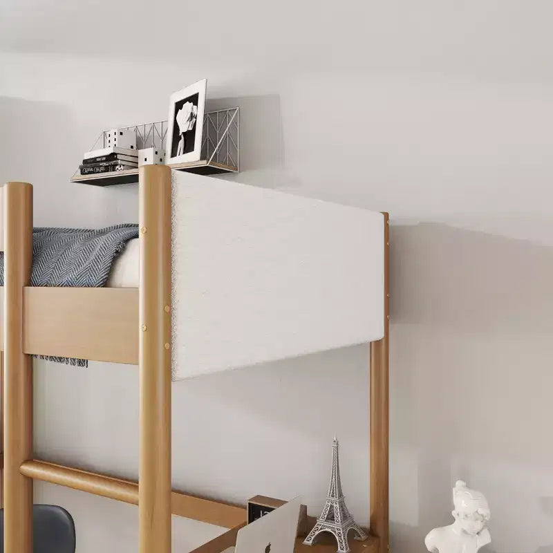 Letto a soppalco singolo con scrivania integrata, testiera/pediera imbottita in bouclé, struttura in legno di gomma, naturale - ModernLuxe