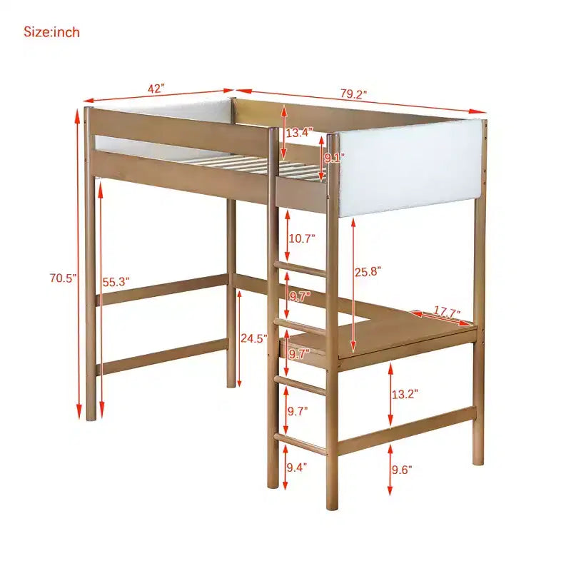 Letto a soppalco singolo con scrivania integrata, testiera/pediera imbottita in bouclé, struttura in legno di gomma, naturale - ModernLuxe