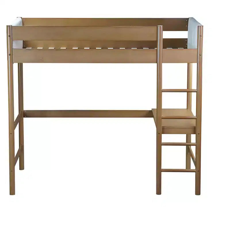 Letto a soppalco singolo con scrivania integrata, testiera/pediera imbottita in bouclé, struttura in legno di gomma, naturale - ModernLuxe