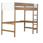 Letto a soppalco singolo con scrivania integrata, testiera/pediera imbottita in bouclé, struttura in legno di gomma, naturale - ModernLuxe