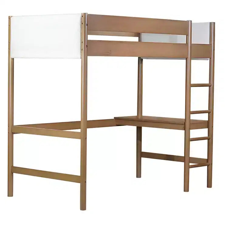 Letto a soppalco singolo con scrivania integrata, testiera/pediera imbottita in bouclé, struttura in legno di gomma, naturale - ModernLuxe