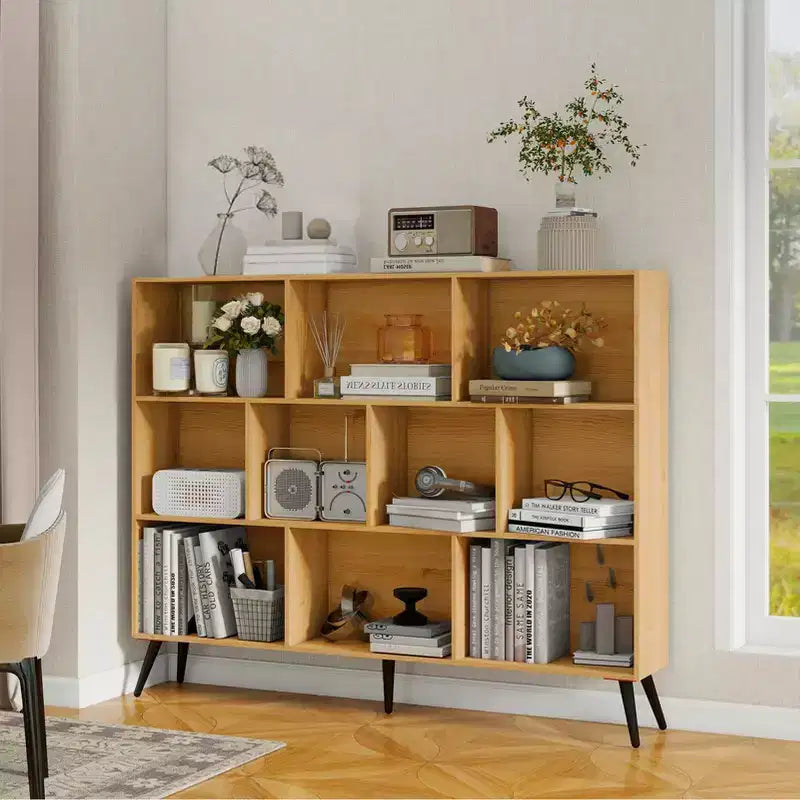 Libreria a 10 Scomparti, Scaffale Aperto in Legno a 3 Ripiani, per Ufficio, Soggiorno, Camera da Letto