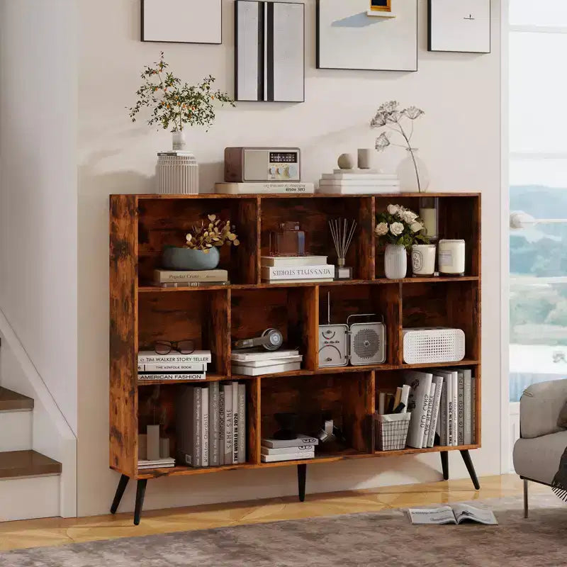 Libreria a 10 Scomparti, Scaffale Aperto in Legno a 3 Ripiani, per Ufficio, Soggiorno, Camera da Letto
