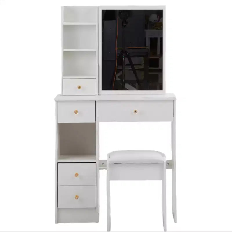 Tavolino da toeletta piccolo con cassetto a sinistra, specchio scorrevole extra-large, sgabello imbottito, multi-strato e grande capacità.
