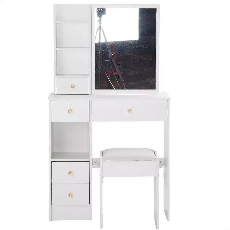 Tavolino da toeletta piccolo con cassetto a sinistra, specchio scorrevole extra-large, sgabello imbottito, multi-strato e grande capacità.
