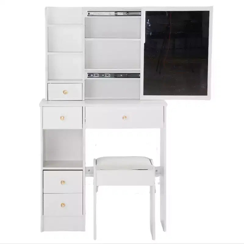 Tavolino da toeletta piccolo con cassetto a sinistra, specchio scorrevole extra-large, sgabello imbottito, multi-strato e grande capacità.