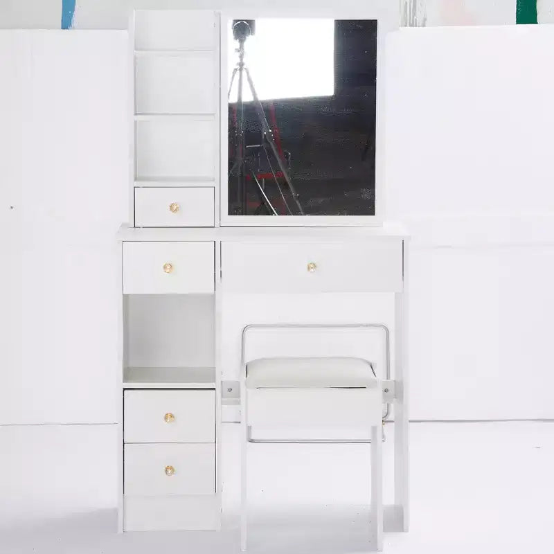Tavolino da toeletta piccolo con cassetto a sinistra, specchio scorrevole extra-large, sgabello imbottito, multi-strato e grande capacità.