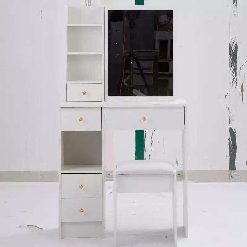 Tavolino da toeletta piccolo con cassetto a sinistra, specchio scorrevole extra-large, sgabello imbottito, multi-strato e grande capacità.