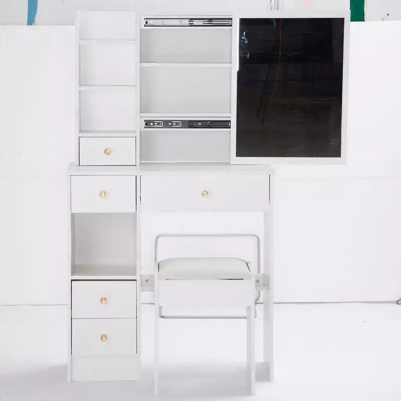 Tavolino da toeletta piccolo con cassetto a sinistra, specchio scorrevole extra-large, sgabello imbottito, multi-strato e grande capacità.